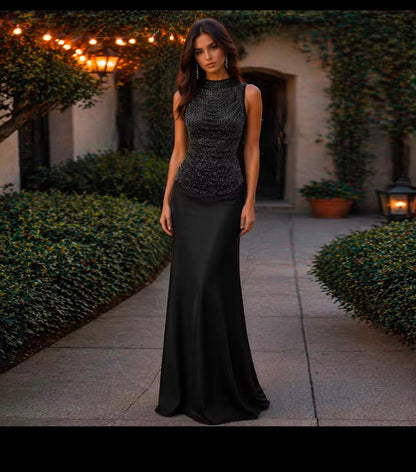 Olive Metallic Draped Top and Satin Maxi Skirt Set