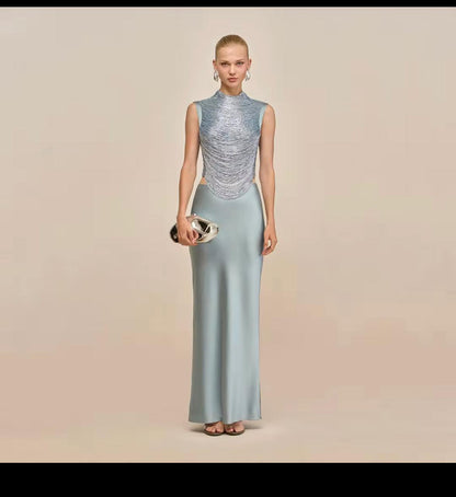Olive Metallic Draped Top and Satin Maxi Skirt Set