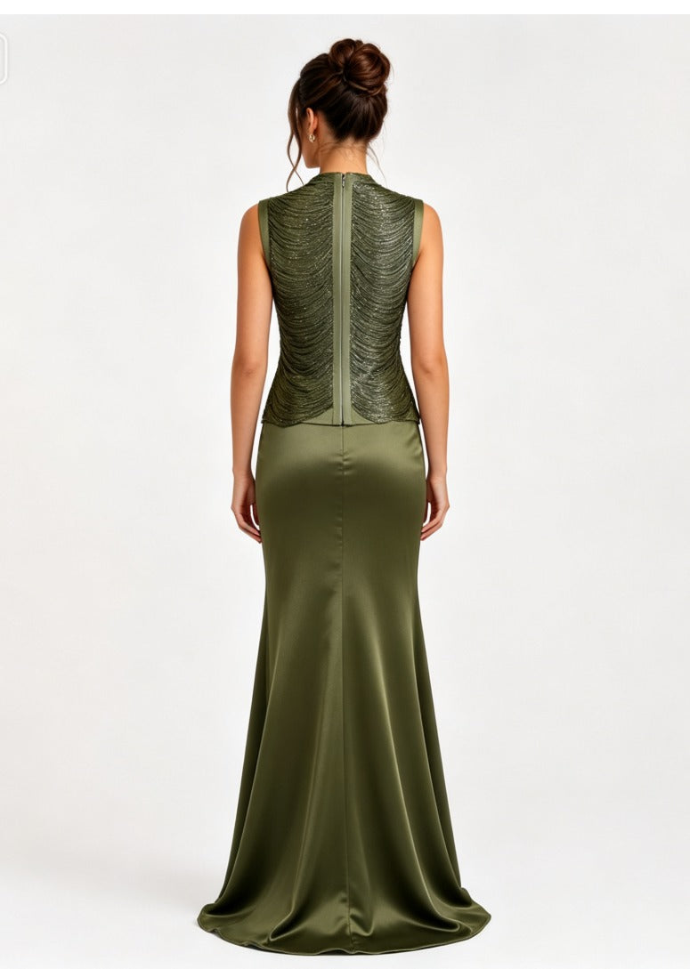 Olive Metallic Draped Top and Satin Maxi Skirt Set