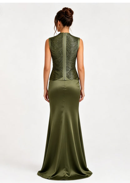 Olive Metallic Draped Top and Satin Maxi Skirt Set