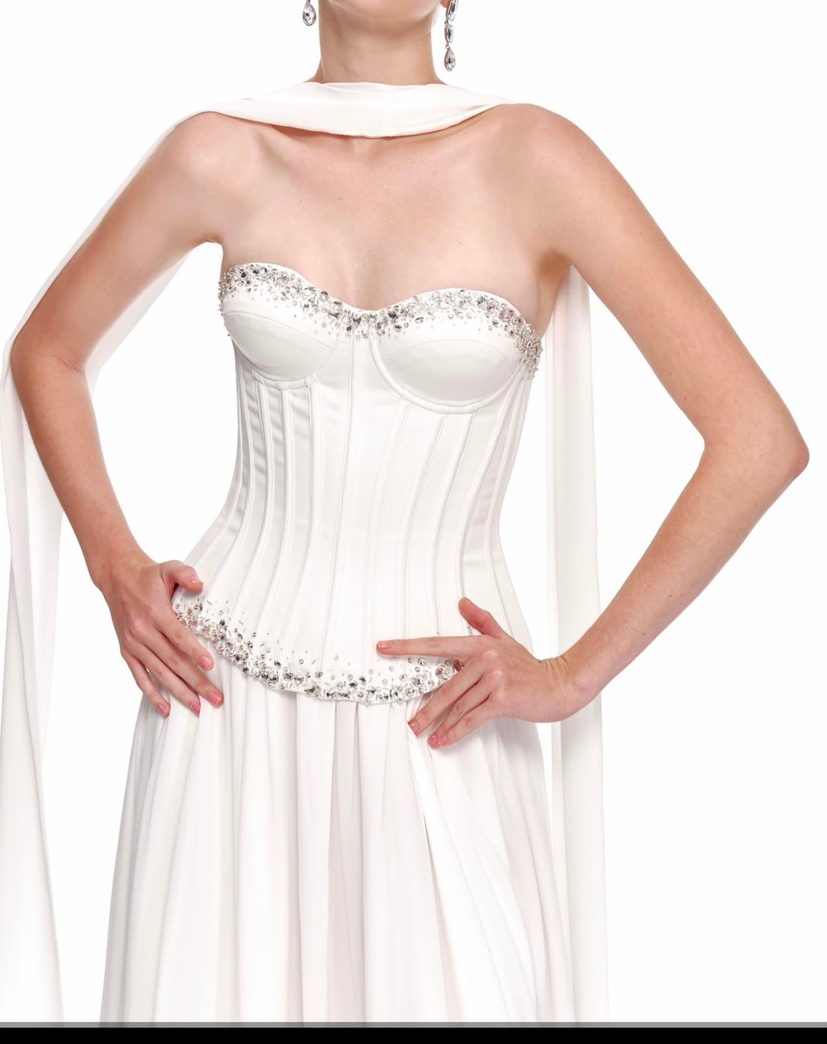 Crystal-Trimmed Corset Gown with Draped Scarf - White