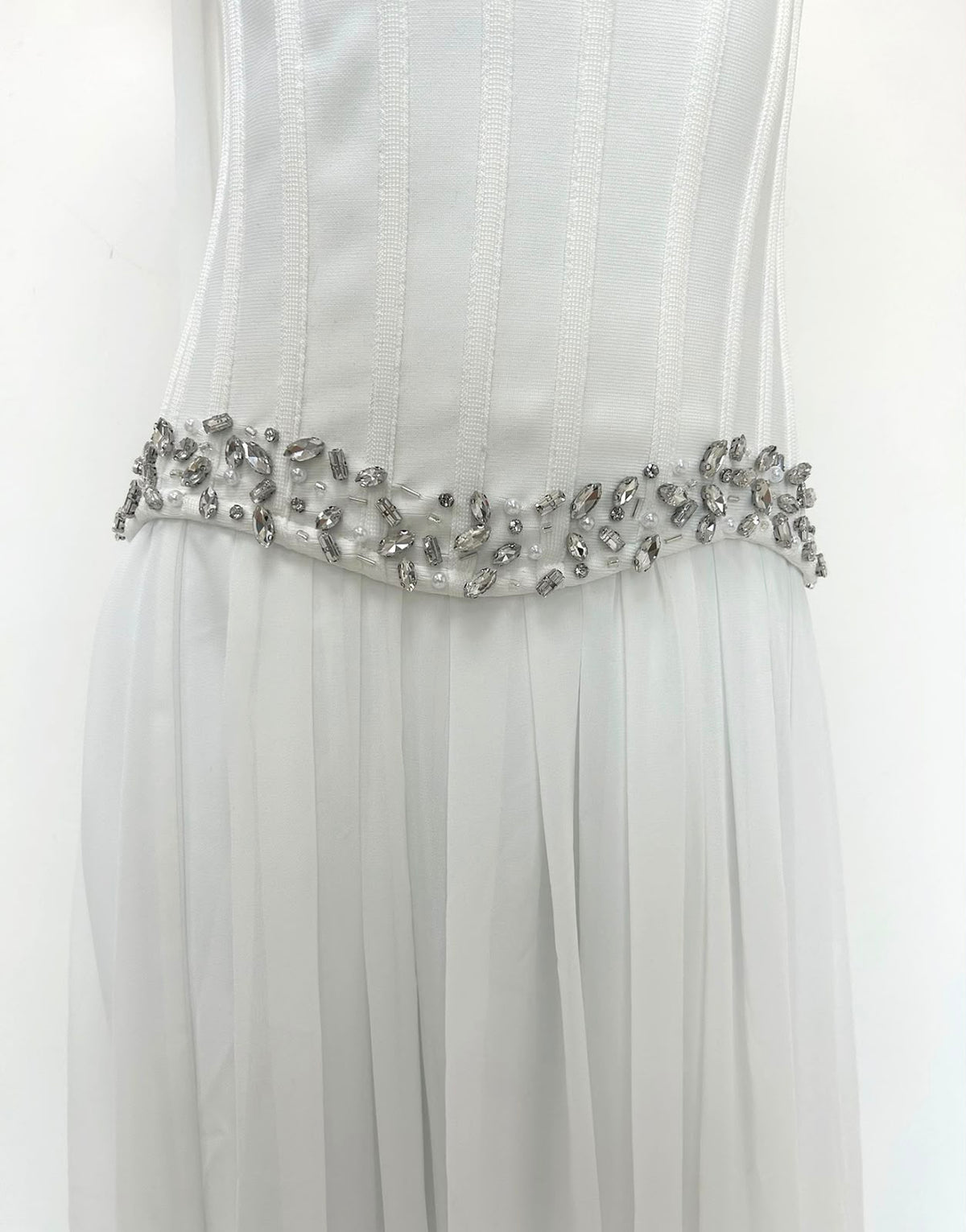 Crystal-Trimmed Corset Gown with Draped Scarf - White