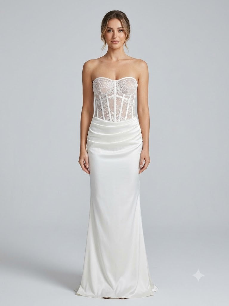Strapless Lace Corset and Draped Satin Gown - Pearl White