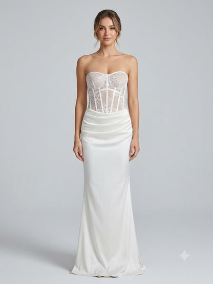 Strapless Lace Corset and Draped Satin Gown - Pearl White