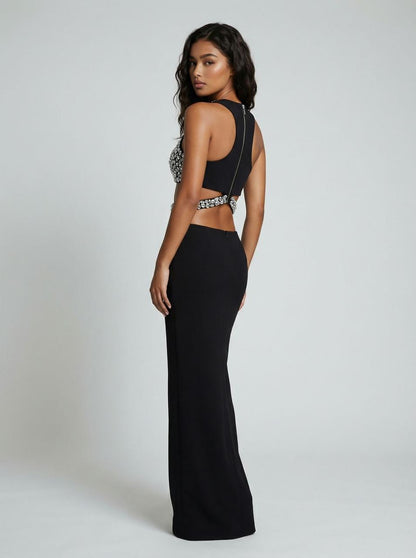 Stone-Embellished Crop Tank With Long Skirt Two Piece Dress.