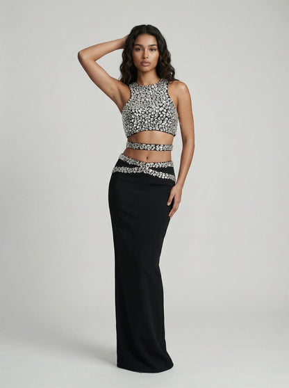 Stone-Embellished Crop Tank With Long Skirt Two Piece Dress.