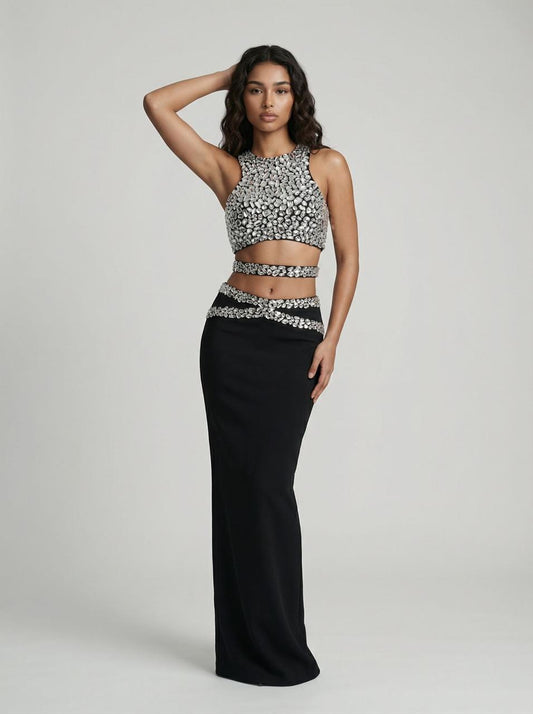 Stone-Embellished Crop Tank With Long Skirt Two Piece Dress.