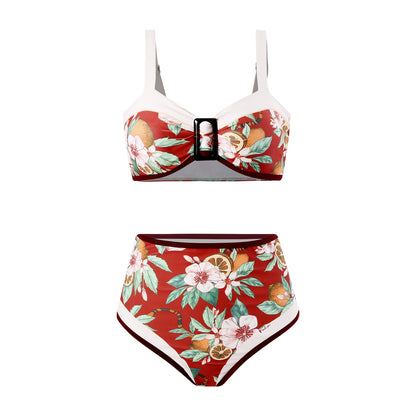 Floral high-waist bikini set with a rust-res base and bold tropical print