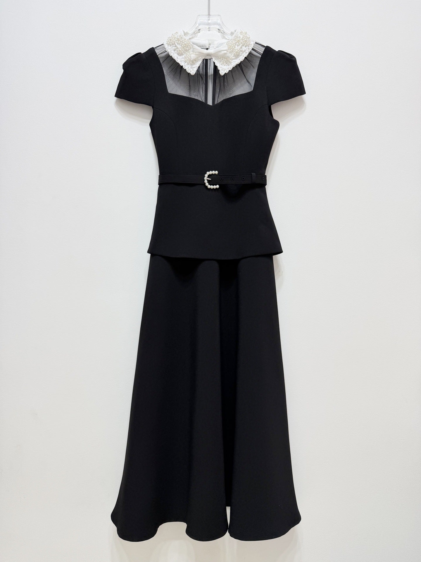 Pearl Collar Illusion Peplum Midi Set - Black