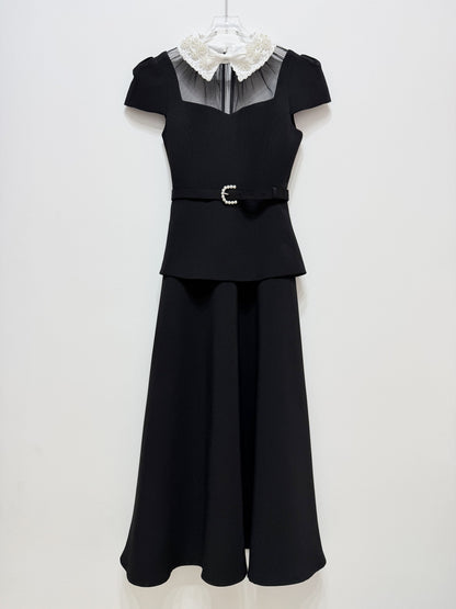 Pearl Collar Illusion Peplum Midi Set - Black