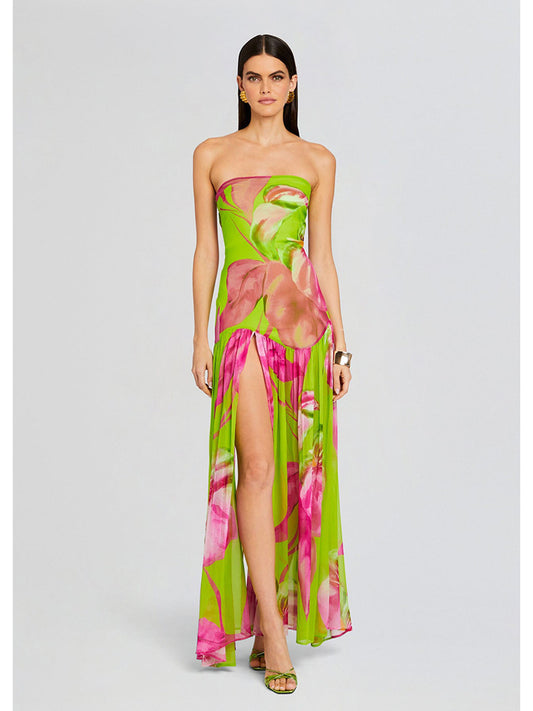 Vibrant Lime Green and Pink Floral Strapless Maxi Dress