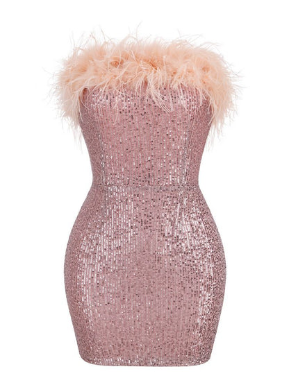 Rose Gold Sequin and Feather-Trimmed Strapless Mini Dress