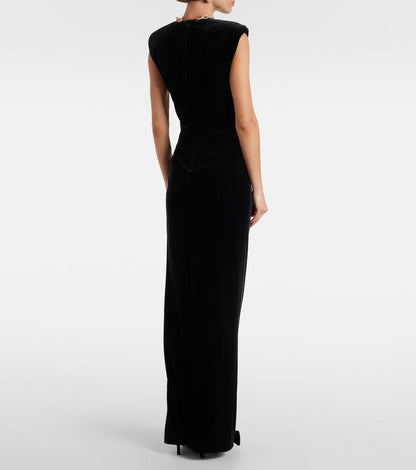 Black Velvet Ruched Cutout Evening Gown
