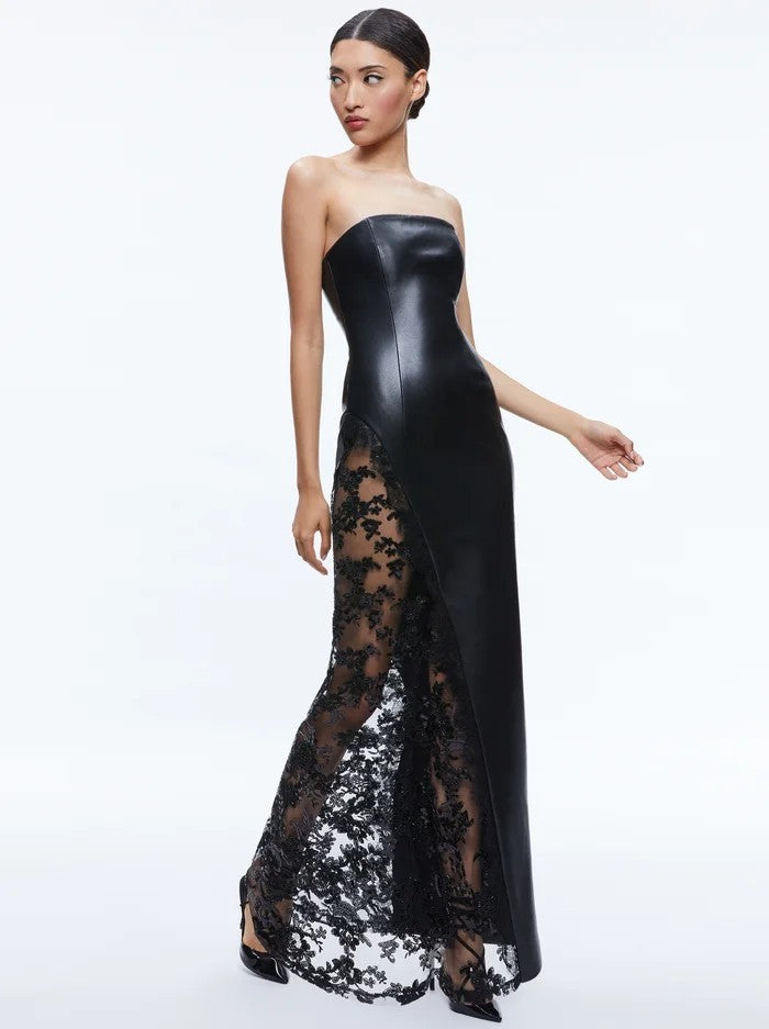 Avant-Garde Black Strapless Gown with Cascading Floral Lace