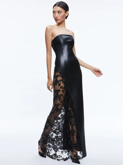 Avant-Garde Black Strapless Gown with Cascading Floral Lace