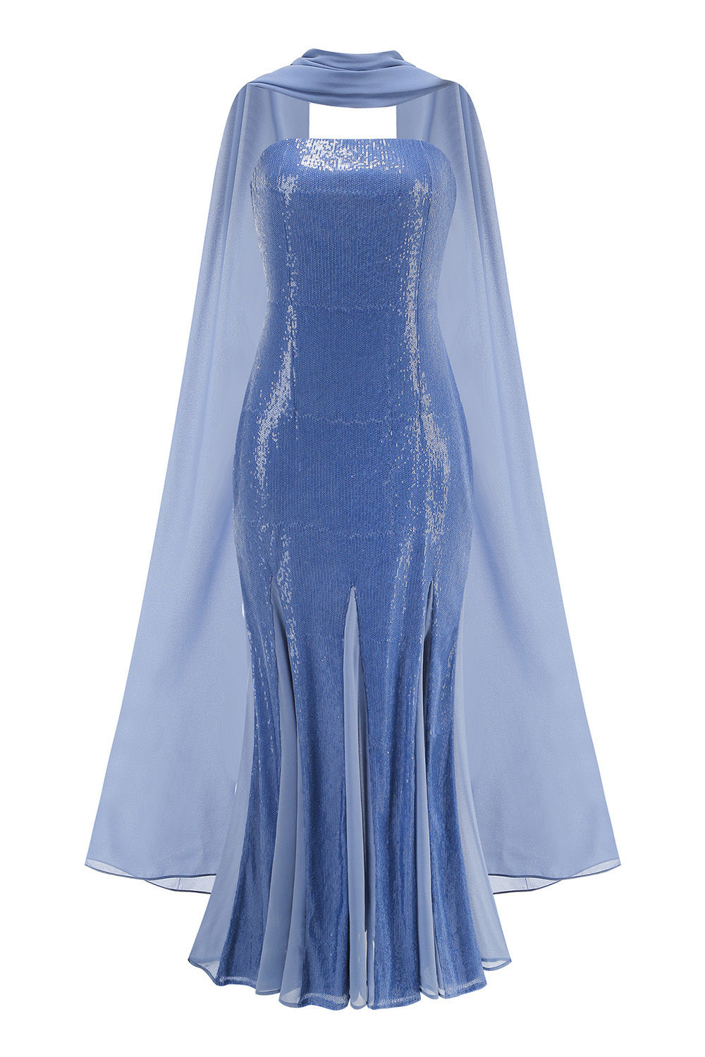Shimmering Strapless Sequin Mermaid Gown with Chiffon Drape