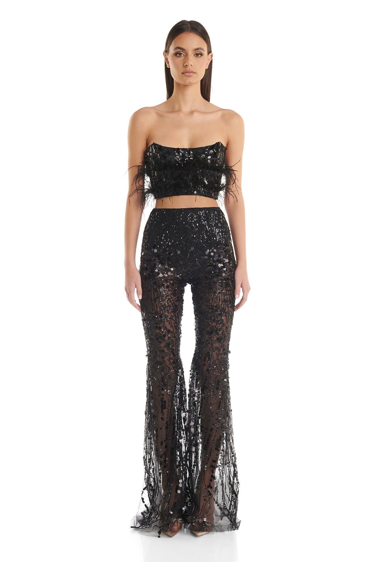 Black Feather-Trimmed Crop Top and Sheer Sequin Flared Pants Set
