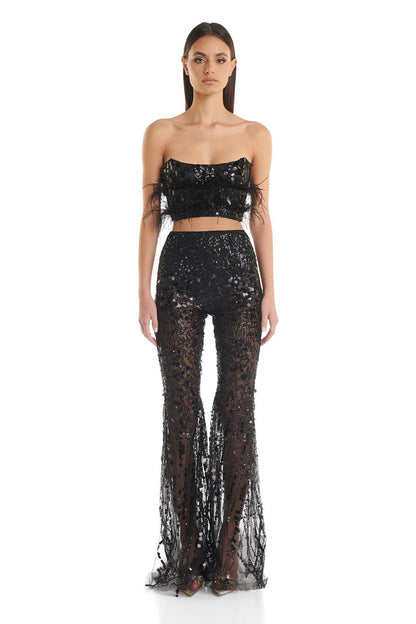 Black Feather-Trimmed Crop Top and Sheer Sequin Flared Pants Set