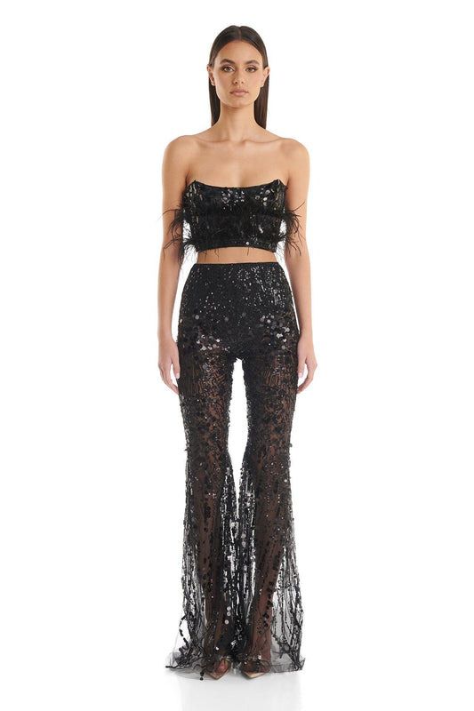 Black Feather-Trimmed Crop Top and Sheer Sequin Flared Pants Set