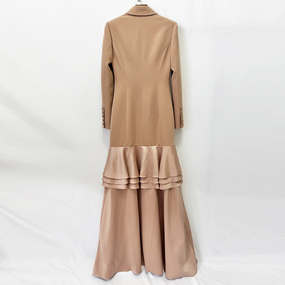 Taupe Tuxedo-Style High-Low Ruffle Gown