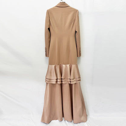 Taupe Tuxedo-Style High-Low Ruffle Gown