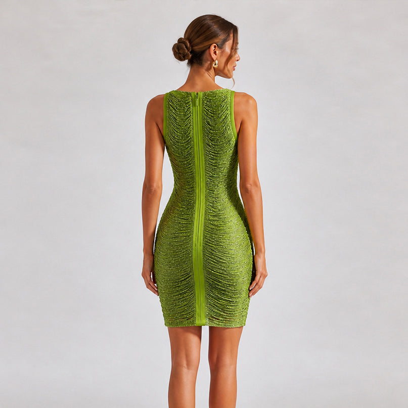 Eliana Textured Ruched Boatneck Midi Dress in Lime Green