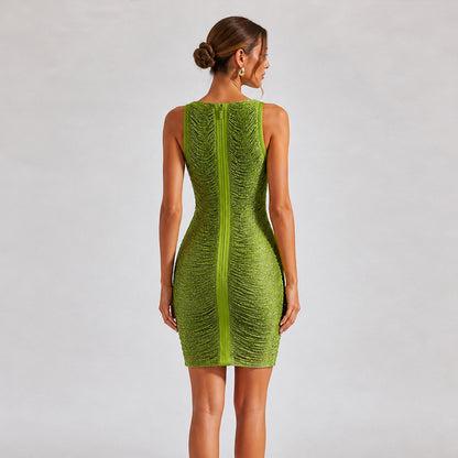 Eliana Textured Ruched Boatneck Midi Dress in Lime Green