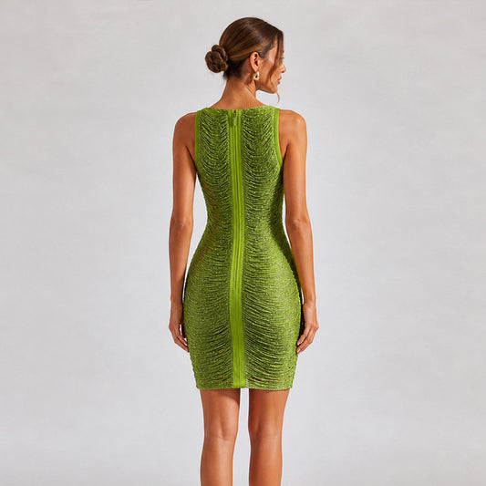 Eliana Textured Ruched Boatneck Midi Dress in Lime Green