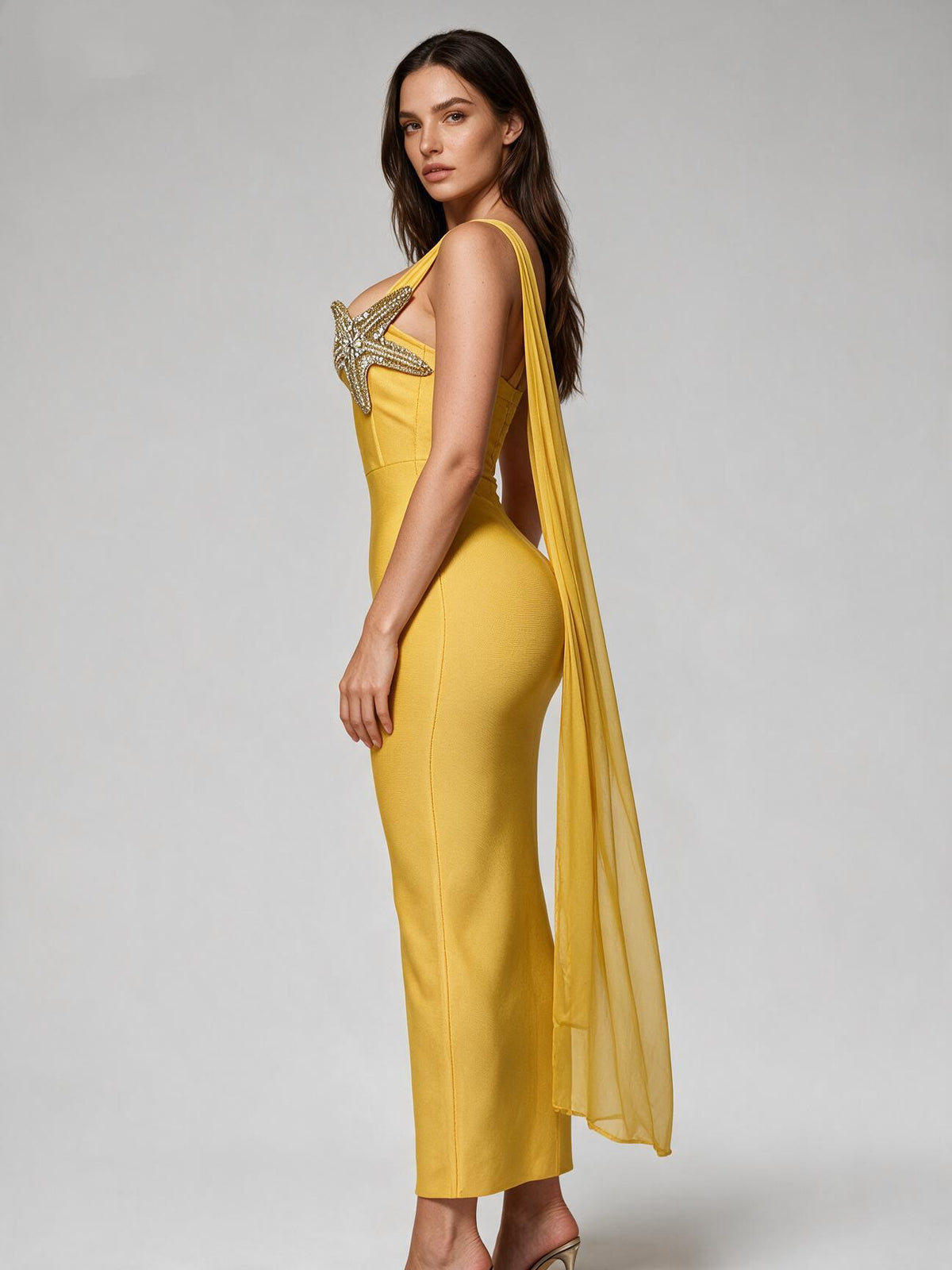 Mustard Yellow Asymmetric Cocktail Gown with Chiffon Drape