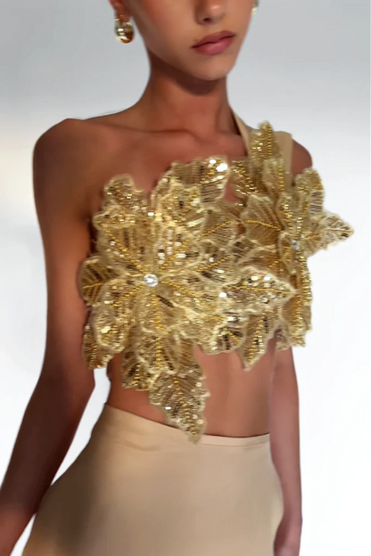 Radiant Gold Floral Sequin Asymmetric Crop Top