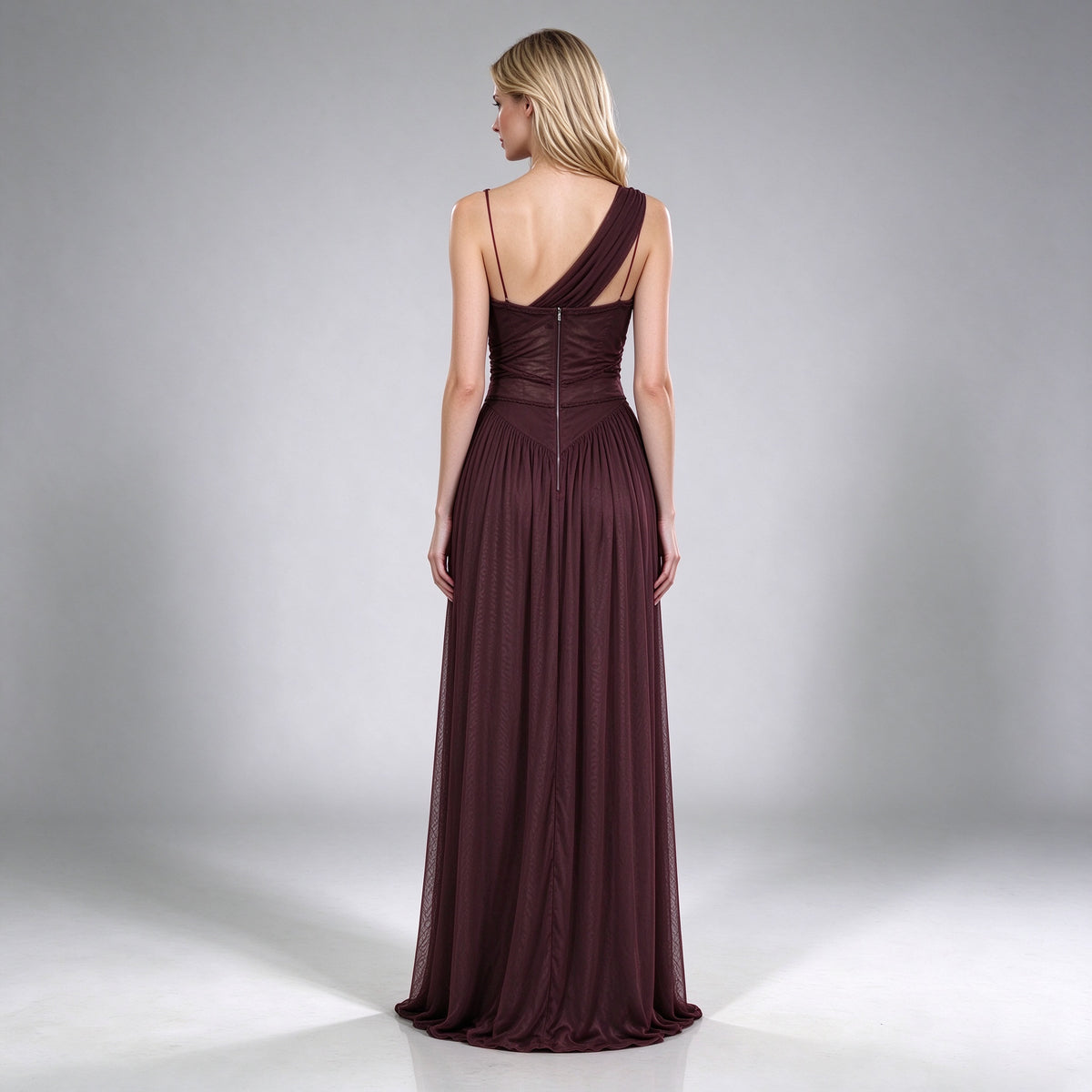 Asymmetrical Draped Chiffon Slit Gown - Rich Plum