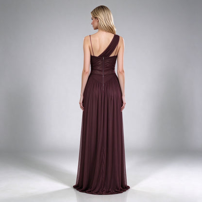 Asymmetrical Draped Chiffon Slit Gown - Rich Plum