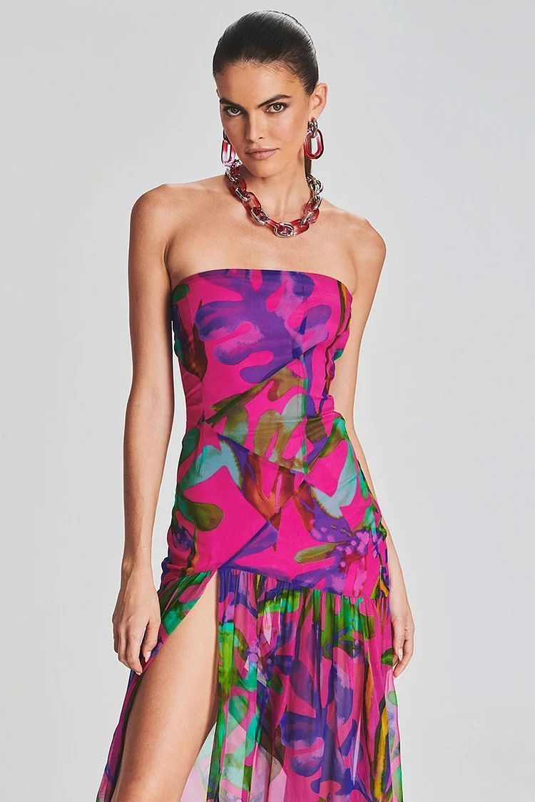 Vibrant Fuchsia Abstract Floral Strapless Maxi Dress