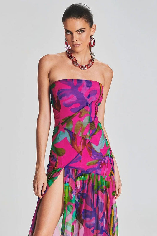 Vibrant Fuchsia Abstract Floral Strapless Maxi Dress