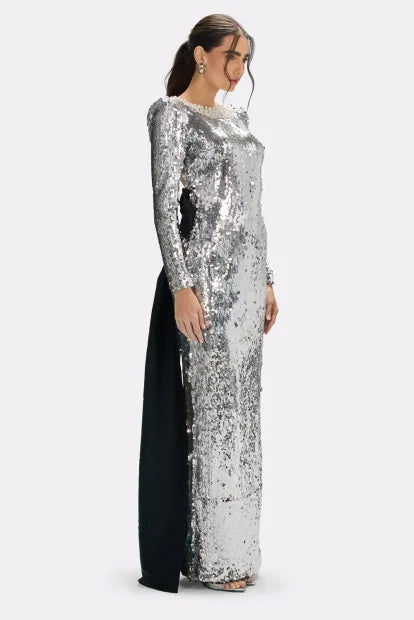 Liquid Silver Sequined Column Gown with Contrast Cape Detail