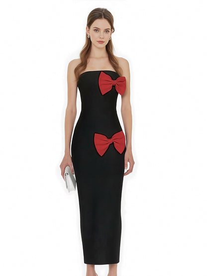 Strapless Asymmetrical Double-Bow Column Gown - Onyx Black & White