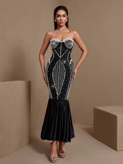Pearl-Encrusted Strapless Mermaid Midi Dress - Black