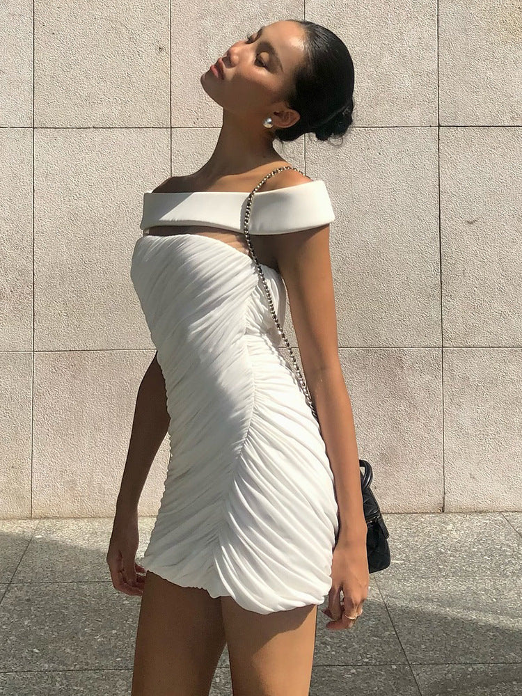 Illusion Off-the-Shoulder Ruched Mini Dress - White