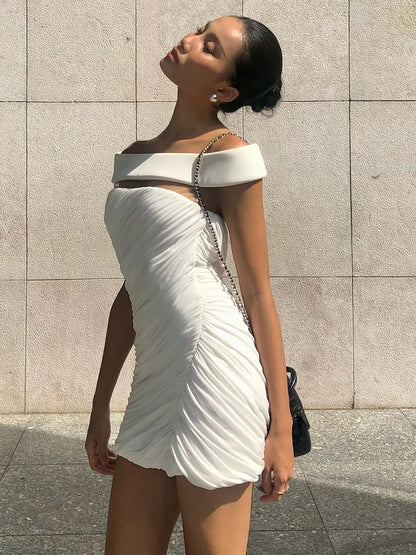 Illusion Off-the-Shoulder Ruched Mini Dress - White