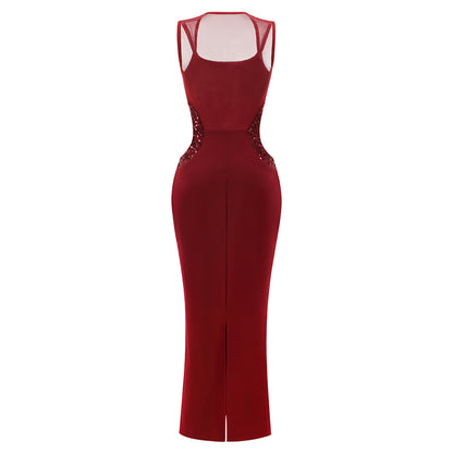 Elegant Burgundy Cut-Out Evening Gown with Sequin Accents