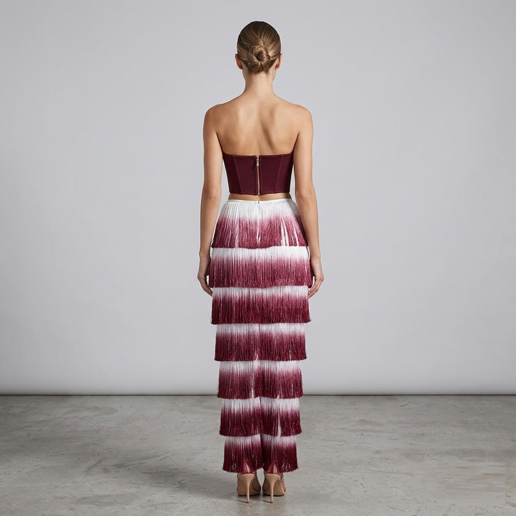 Structured Corset Bustier and Tiered Fringe Midi Skirt Set