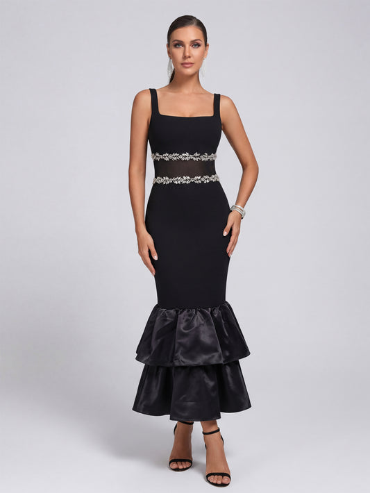 Elegant Black Embellished Waist Evening Dress with Tiered Ruffles