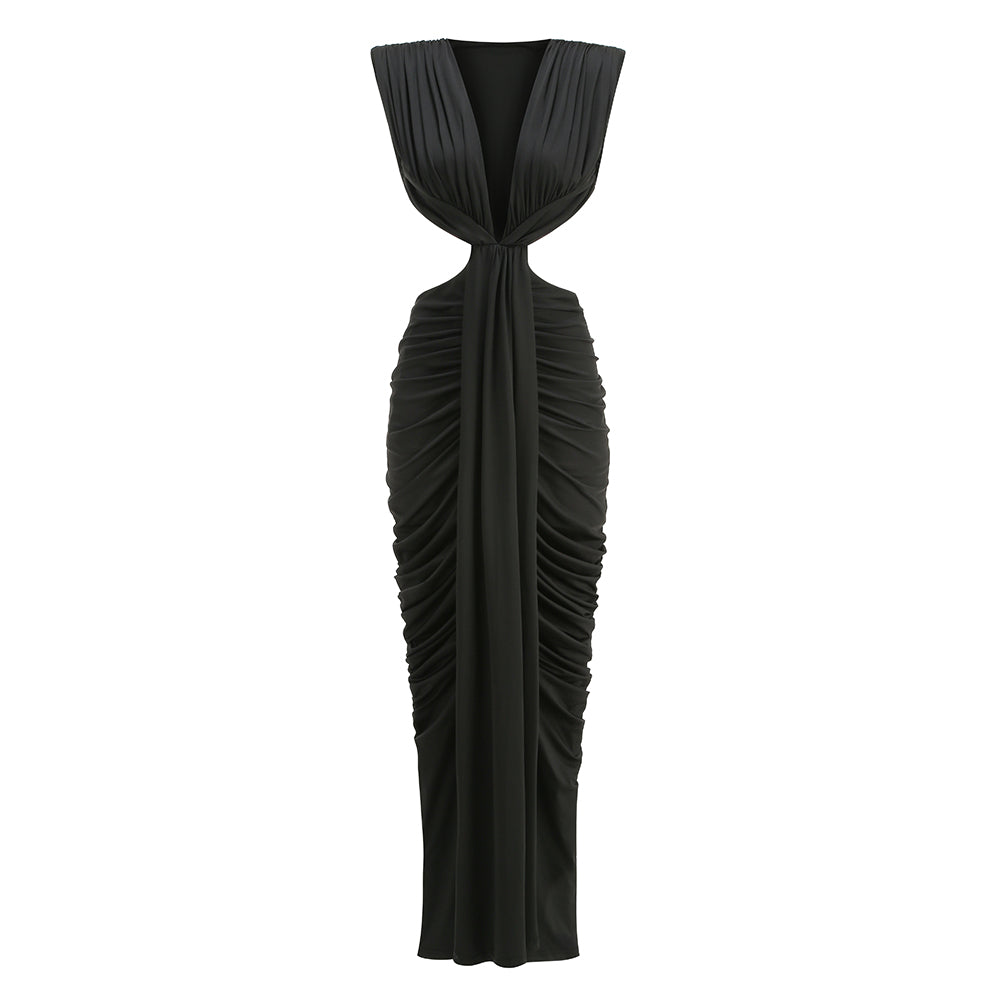 Plunging V-Neck Cutout Ruched Evening Gown - Black