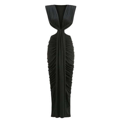 Plunging V-Neck Cutout Ruched Evening Gown - Black