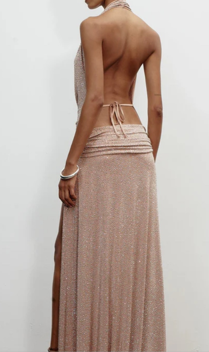 Rose Gold Crystal Mesh Cowl Neck Halter Gown