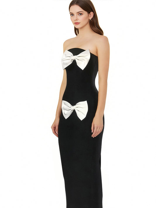 Strapless Asymmetrical Double-Bow Column Gown - Onyx Black & White