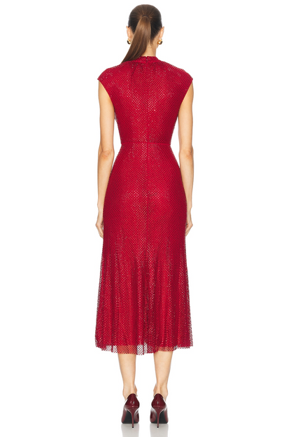 Ruby Red Shimmer Keyhole Rosette Midi Dress