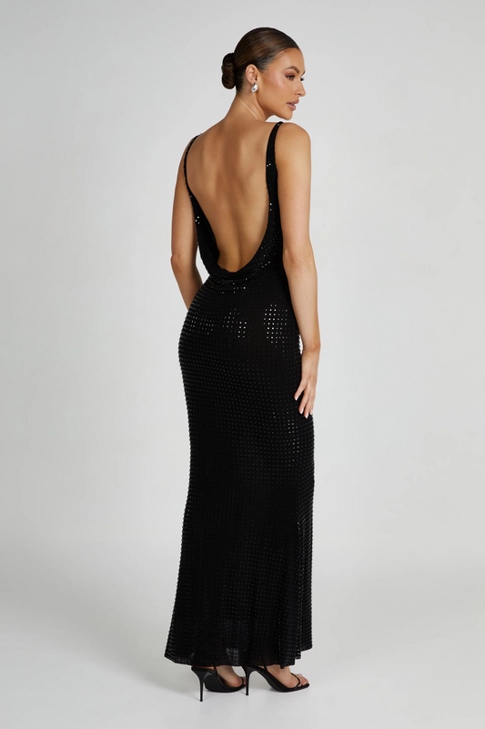 Black Grid Embellished Scoop Neck Maxi Dress