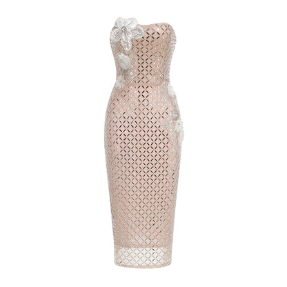 Embellished Rhinestone Lattice Midi Dress with 3D Florals - Blush