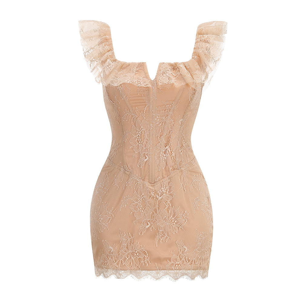 Romantic Ruffled Lace Corset Mini Dress - Soft Apricot